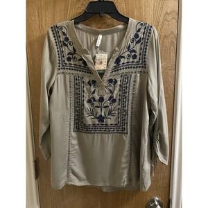 NWT Roper Women's Long Scrunch Sleeve Challis Peasant Blouse Embroidery Floral S